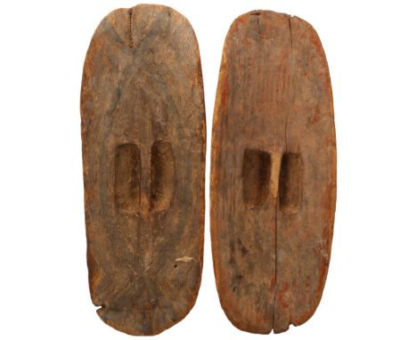 2&nbsp;Australian Aboriginal beanwood shields, Central Desert Region, 1 with finely engraved geometric designs, both with tra