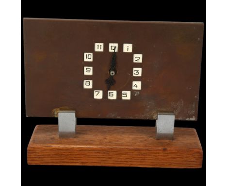 Art Deco brass and chrome plate mantel clock on oak base, height 13cm, length 15cmGenerally slightly tarnished, movement curr