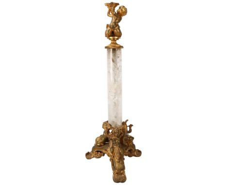 A Rococo style gilt-metal lamp base, with rock crystal column, height 58cmGood condition, probably early to mid-20th century 
