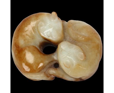 A Chinese relief carved jade group of 2 dogs of fo, length 6cm1 ear chipped otherwise good condition 