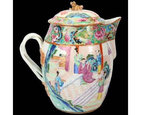 Large 19th century Chinese Canton enamel famille rose porcelain flagon and cover, hand painted interior court scenes, with bu