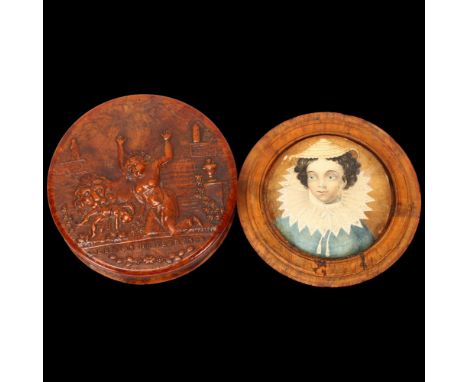 A French early 19th century circular burr-wood snuffbox, pressed relief decorated lid inscribed "Le Lion De Florence", base u