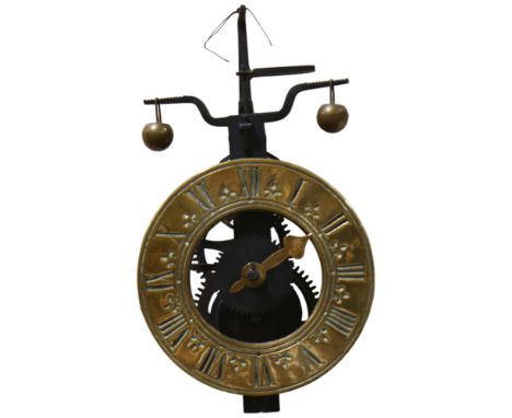 A wall-hanging gravity clock, engraved brass chapter ring with iron movement, together with weights, dial diameter 14cmGood c