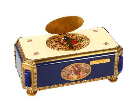 A bird automaton musical box, by Reuge Music Switzerland, blue and cream enamel case with rural scene decorated panels, 11.5c