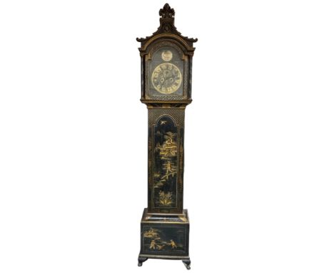 A black lacquer Chinoiserie Eight Day Longcase Clock, ebonised oak case with swept Fluer de Lys pediment, etched brass face w