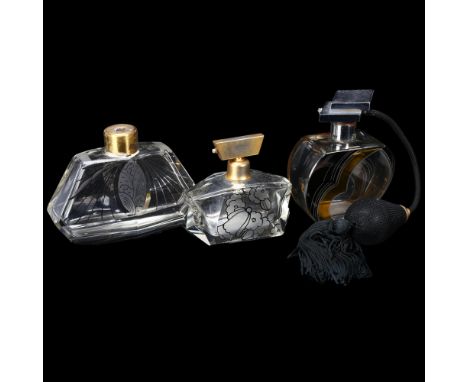 An Art Deco glass atomiser perfume bottle, with chrome top and painted abstract design, height 12cm, and 2 other Art Deco bla