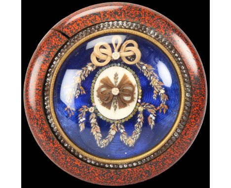Early 19th century French circular lacquer box, the lid having a blue enamel panel under dome glass, tortoiseshell lining, di