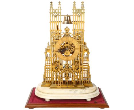 A fine and impressive English brass Westminster Abbey skeleton clock, in the manner of Evans Of Handsworth, 8-day double fuse