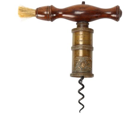 Robert Jones & Son corkscrew, 1842 second patent barrel type, brass and steel with original rosewood handle and brush, the ba
