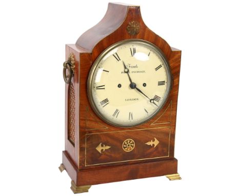 A 19th century mahogany bracket clock, by French, Royal Exchange London, brass inlaid mahogany case with brass ring carrying 