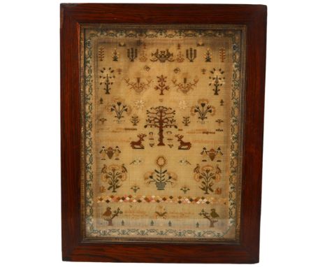A Regency needlework sampler, by Elizabeth Sumsby aged 14 years 1827, overall frame dimensions 52cm x 41cmFinely embroidered 