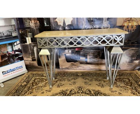 Evoke Iron and Stone Console Table  Industrial inspired console table with grey iron fret frame with a cream marble effect st