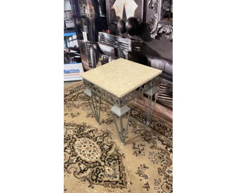 Evoke Iron and Stone Side Table  Industrial inspired console table with grey iron fret frame with a cream marble effect stone
