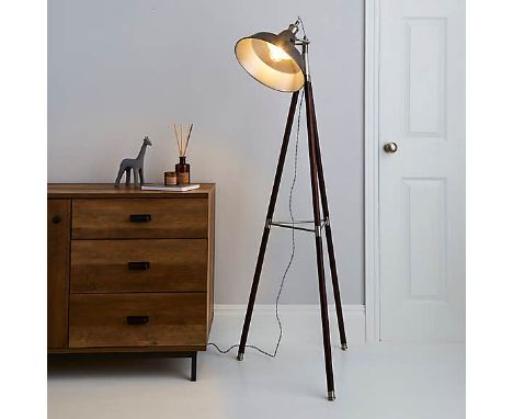 Lucas Tripod Dark Wood Industrial Floor Lamp Crafted with dark wooden legs complemented by a glossy finish, this tripod floor