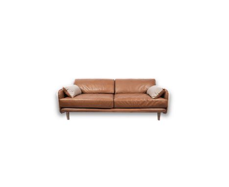 Toffee Sofa (3Z) Fine Sofa from the British Top brand Timothy Oulton, brown leather on the one side and mixed linen on the ot