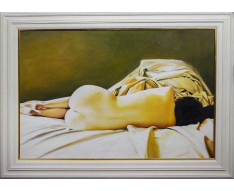 * GERARD BURNS (SCOTTISH b. 1961),NUDE ON SILK oil on canvas, signedimage size 98cm x 148cm, overall size 130cm x 180cm Frame