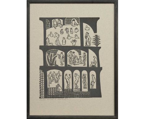 * WILLIE RODGER RSA RGI (SCOTTISH 1930 - 2018),BATH HOUSElinocut on paper, signed, titled, dated '87 and numbered 6/22image s