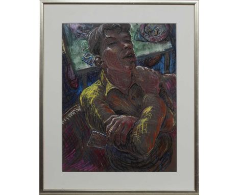 * VINCENT RATTRAY (SCOTTISH 1954 - 2000),THE CARD PLAYERpastel on paper, signed and dated '89image size 62cm x 48cm, overall 