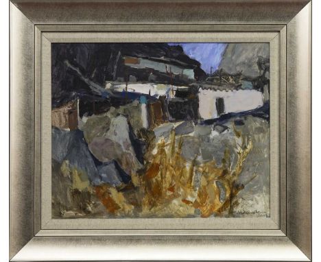 * SHEILA MACMILLAN DA PAI (SCOTTISH 1928 - 2018),HUTS &amp; HENHOUSES ABOVE MONTEJAQUEoil on board, signed and dated 2000imag