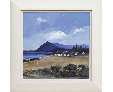 * DAVID H GRAHAM (SCOTTISH),SUMMER SKIES - TARSKAVAIG, SKYEoil on board, signed, titled label versoimage size 41cm x 41cm, ov