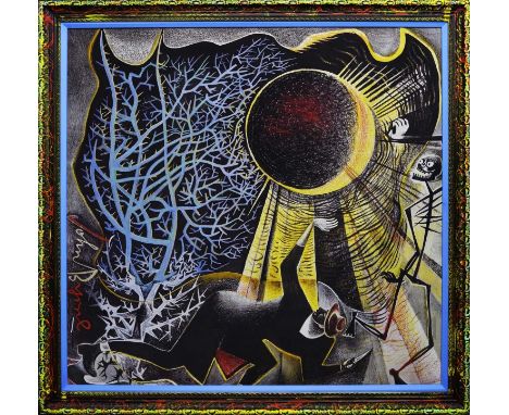 * JOHN BYRNE RSA (SCOTTISH b. 1940),SITTING DUCKS print on silk scarfimage size 95cm x 99cm, overall size 110cm x 114cm Frame