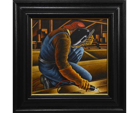 GRAHAM H D MCKEAN,SHIP BUILDERoil on canvas, signed, titled verso image size 40m x 40cm, overall size 58cm x 58cm Framed.