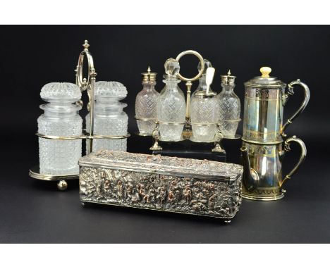 A LATE 19TH CENTURY SILVER PLATED DRESSING TABLE BOX, of rectangular form, cast in relief throughout with tavern scene, drink