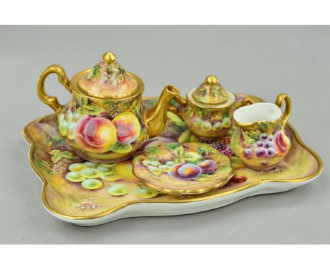 A BRIAN COX (ROYAL WORCESTER ARTIST) MINIATURE HAND PAINTED PART TEASET ON TRAY, comprising teapot, cream jug, twin handled s