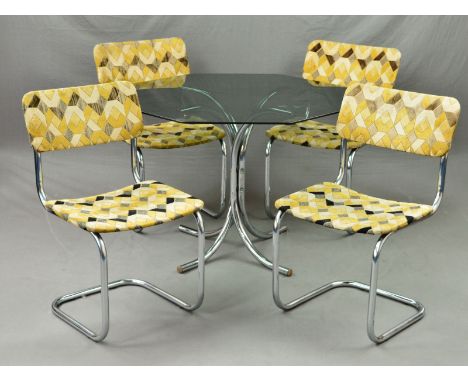 A MARCEL BREUER FOR HABITAT STYLE 1960'S CHROME TUBULAR FRAMED DINING SUITE, comprising of a smoked hexagonal shaped glass to