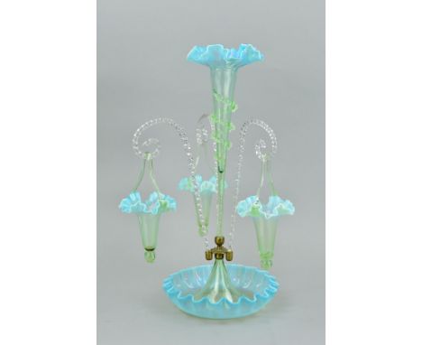 A VICTORIAN BLUE, VASELINE AND GREEN GLASS EPERGNE, central trumpet surrounded by three clear spiral twist branches each hold