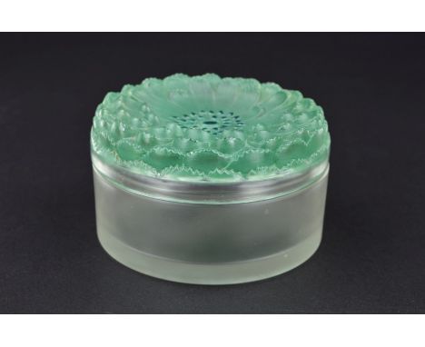 RENE LALIQUE1930'S DAHLIA PATTERN POWDER BOX AND LID, moulded flower decoration and enamel colouring to the lid, acid etched 