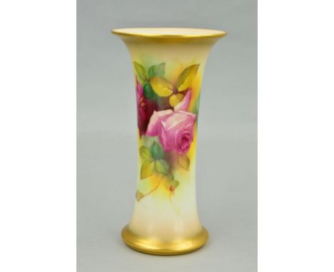 A ROYAL WORCESTER CYLINDRICAL VASE WITH FLARED RIM PAINTED BY MILLIE HUNT, decorated with roses and foliage on an ivory groun