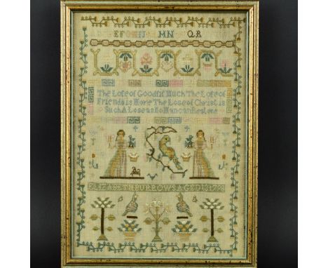 A GEORGE III NEEDLEWORK SAMPLER WORKED BY ELIZABETH BURROWS, aged 13, 1798, foliate border enclosing alphabet, flowers, relig