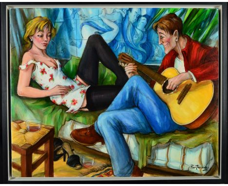 MATTIN-LAURENT PARTARRIEU (FRENCH CONTEMPORARY), 'La Ceramique Bleue-The Blue Ceramic', a man serenading a woman on guitar, o