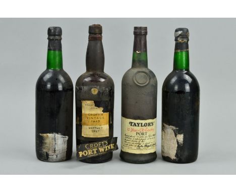 FOUR BOTTLES OF VINTAGE PORT, 1 x Croft's Port Wine 1945, bottled 1947, seal broken and cork in poor state due to age, labels