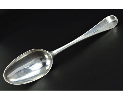 A GEORGE II SILVER OLD ENGLISH PATTERN TABLESPOON ENGRAVED GEORGE & VULTURE, CORNHILL, H & M TO REVERSE OF BOWL, the front of