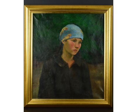 EARLY 20TH CENTURY CONTINENTAL/SCANDANAVIAN SCHOOL, Head and shoulders portrait of a melancholy girl wearing a patterned head