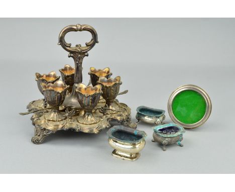THREE 20TH CENTURY SILVER SALTS, with salt damage, various dates and makers, together with a circular silver mounted easel ba