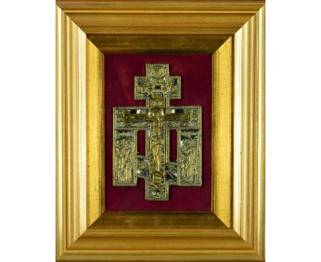 A 19TH CENTURY RUSSIAN BLESSING CROSS, The Crucifiction of Christ in the centre panel with mother of god and Saint Martha on 