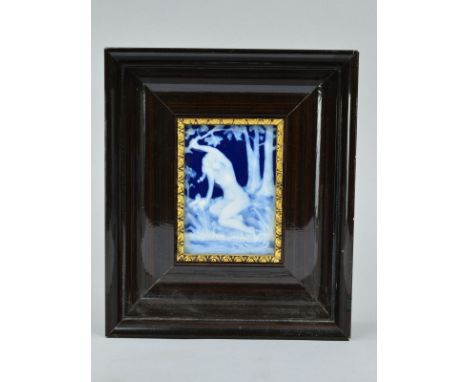 A 20TH CENTURY LIMOGES PATE-SUR-PATE PLAQUE, of rectangular form, decorated with a female nude on the bank of a pool, signed 