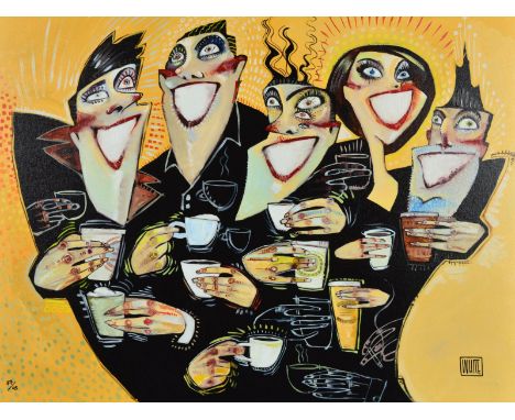 TODD WHITE (AMERICAN 1969), 'Caffeine', a limited edition hand embellished canvas on board print, 47/95, depicting a group of