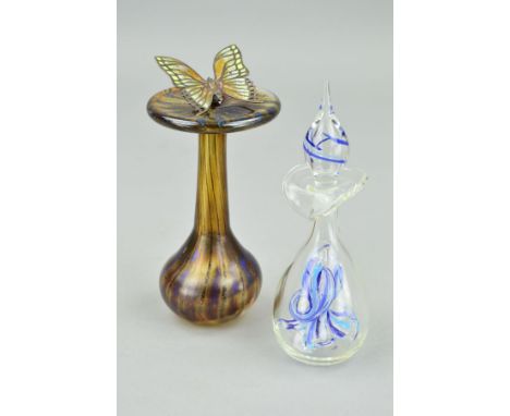 PETER LAYTON, an iridescent bottle with brown and blue streaks running vertically up the body, having a silver and enamel sto