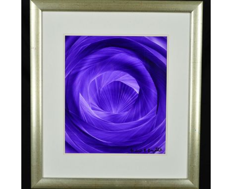 MICHAEL R REYNOLDS (BRITISH 20TH CENTURY), 'Odyssey II' an abstract of a spiral shape painted in purple hues, oil on board, s