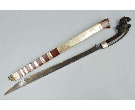 A 19TH CENTURY ASIAN SWORD, horn hilt with foliate carved terminal, 47cm blade, wooden scabbard with silver plated mounts, sc