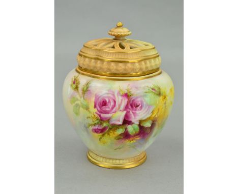 A ROYAL WORCESTER POT POURRI JAR, with cover and inner cover, blush ivory and ivory ground, painted with moss rose buds, pink