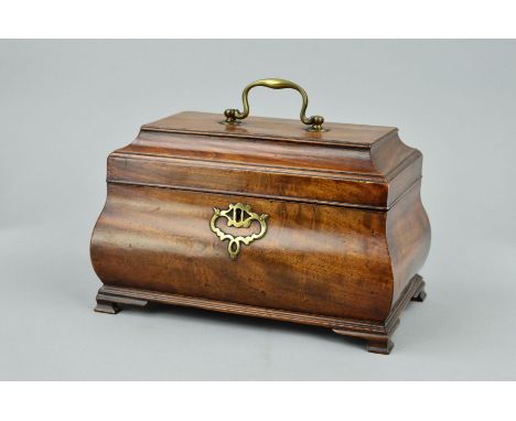 A GEORGE III MAHOGANY BOMBE TEA CADDY, pagoda style top with brass swan neck handle and caddy with pierced escutcheon, three 