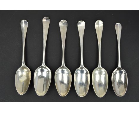 SIX HANOVERIAN PATTERN SILVER TABLESPOONS, all London Assayed, comprising a Rat Tail spoon initialled B B, possibly 1738, cre