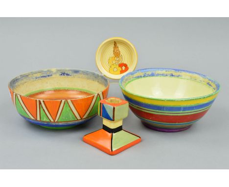 THREE PIECES OF CLARICE CLIFF POTTERY, comprising a bowl painted with geometric design to the exterior and concentric bands t