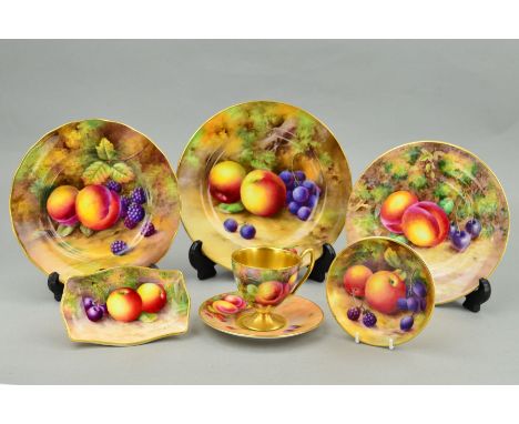 SEVEN PIECES OF ROYAL WORCESTER FRUIT PAINTED PORCELAIN, comprising an 18cm tea plate signed H. Price, extensive cracks, puce