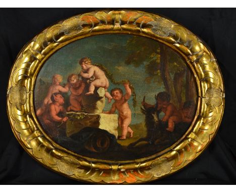 CONTINENTAL SCHOOL 18TH/19TH CENTURY, putto with garland on a classical statue, another on a goat and a faun holding a stick,